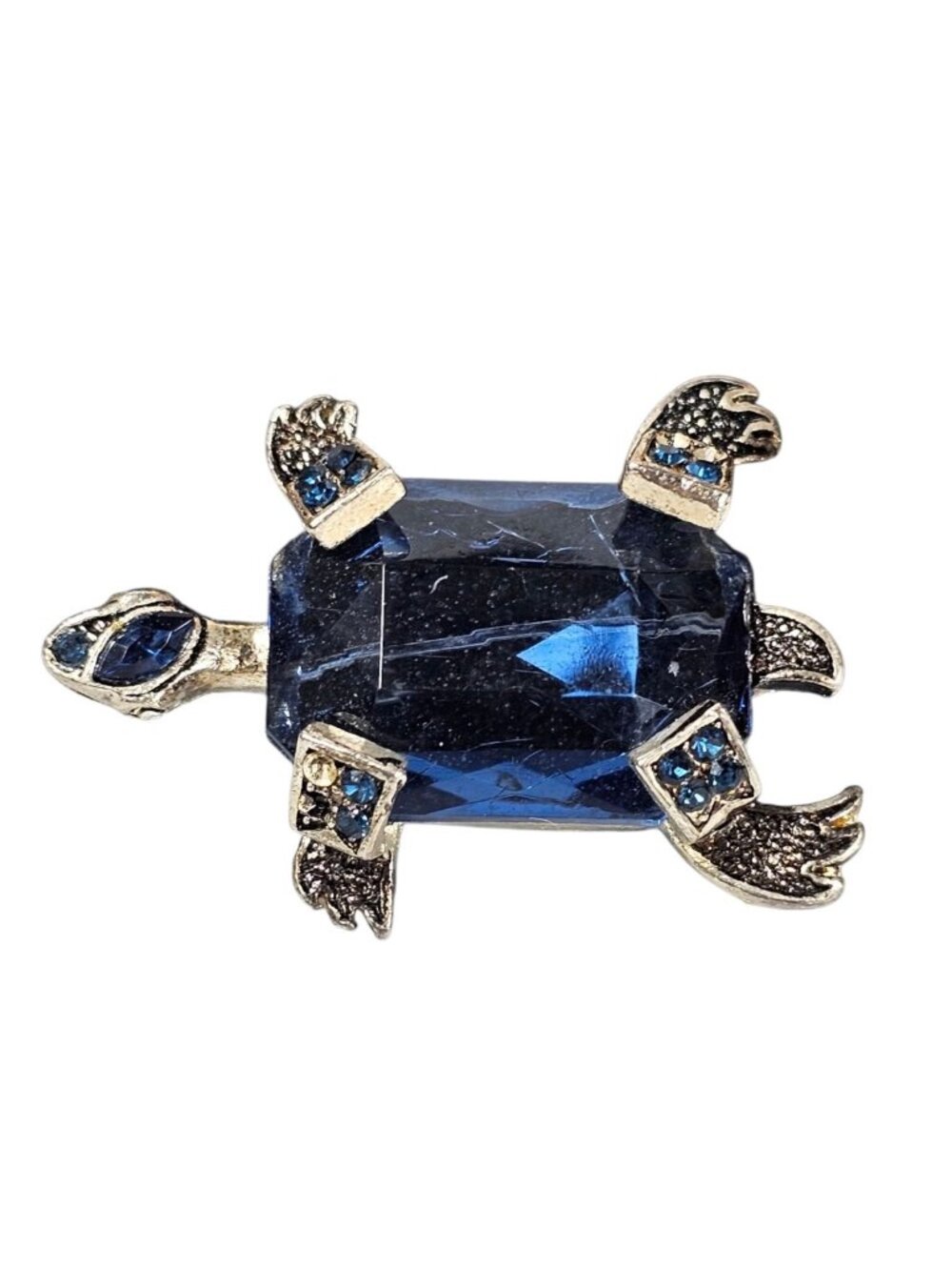 Turtle Brooch Pin Blue Rhinestone Crystal Body, Animal Jewelry VTG